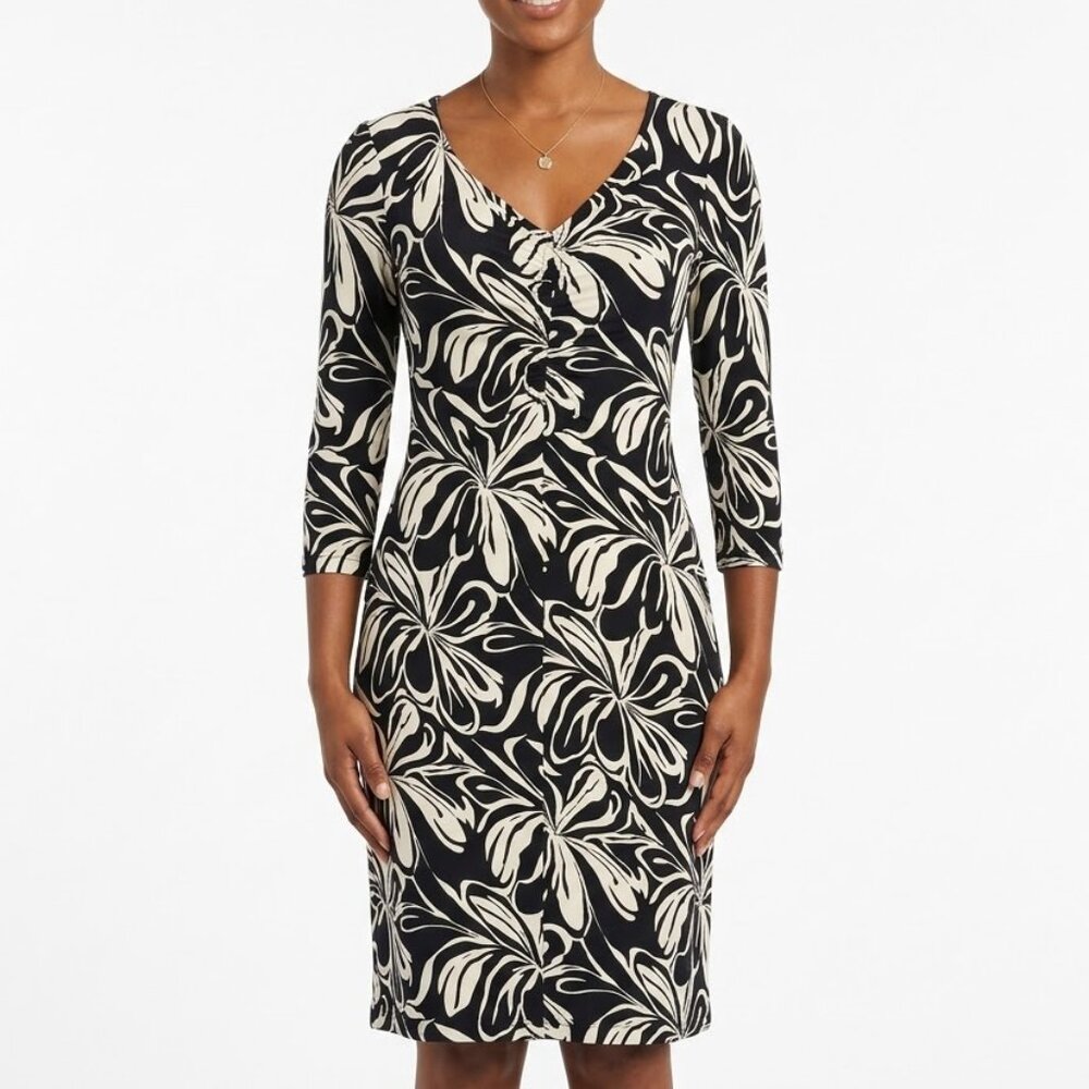 BCBGMaxAzria Black White Floral Ruched V-Neck Matte Jersey Midi Dress Vintage S